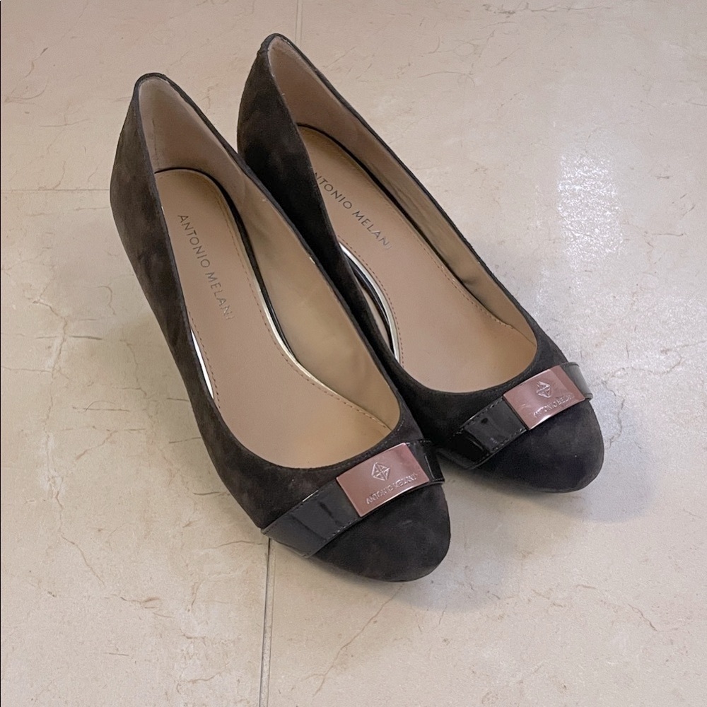 ANTONIO MELANI Brown Suede Wedges with Rose Gold Detail